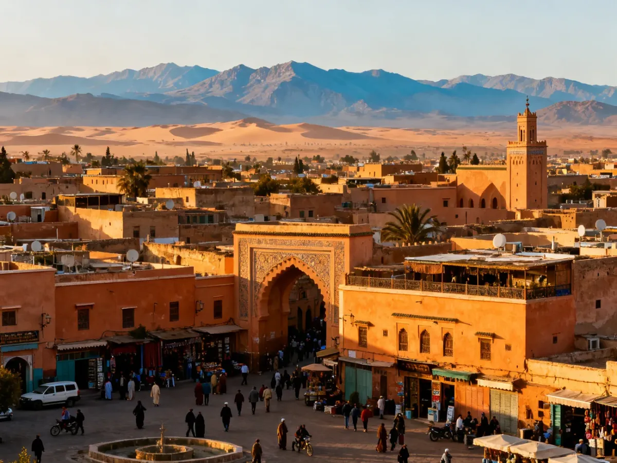 Panoramiczny widok Maroka z medyną Marrakeszu, górami Atlas i pustynnym krajobrazem