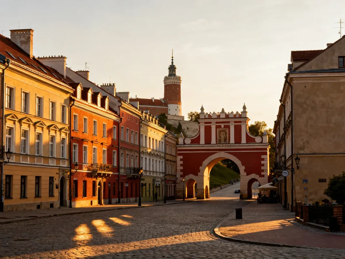 Panorama historycznego Starego Miasta w Lublinie z Bramą Krakowską i zamkiem w tle
