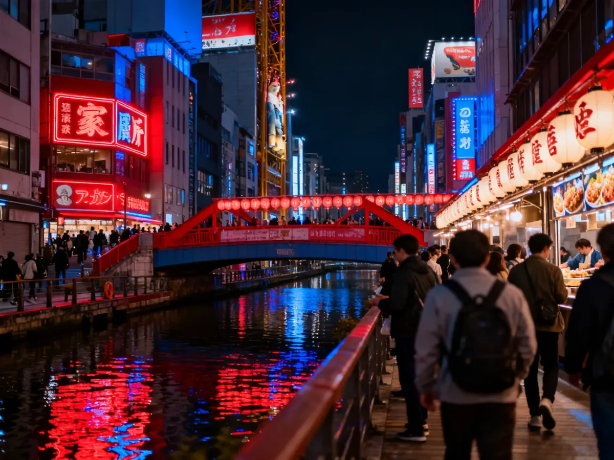Nocny widok dzielnicy Dotonbori z neonami, kanałem i tłumem przechodniów
