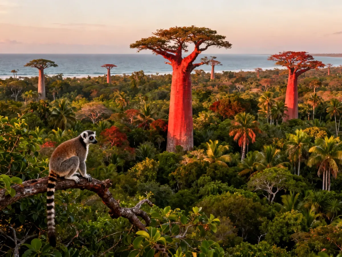 Lemur na tle tropikalnego krajobrazu Madagaskaru