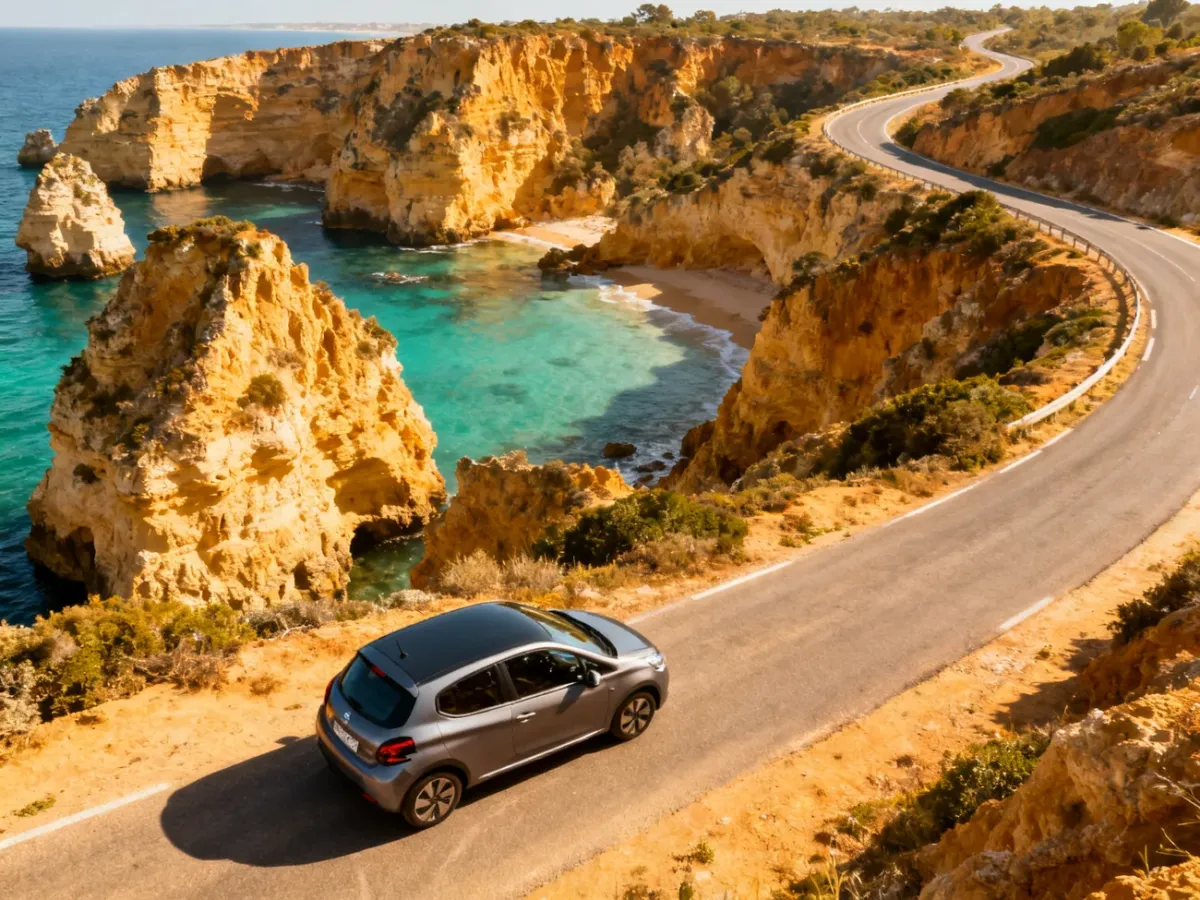 Widok na klifowe wybrzeże Algarve z samochodem na nadmorskiej drodze