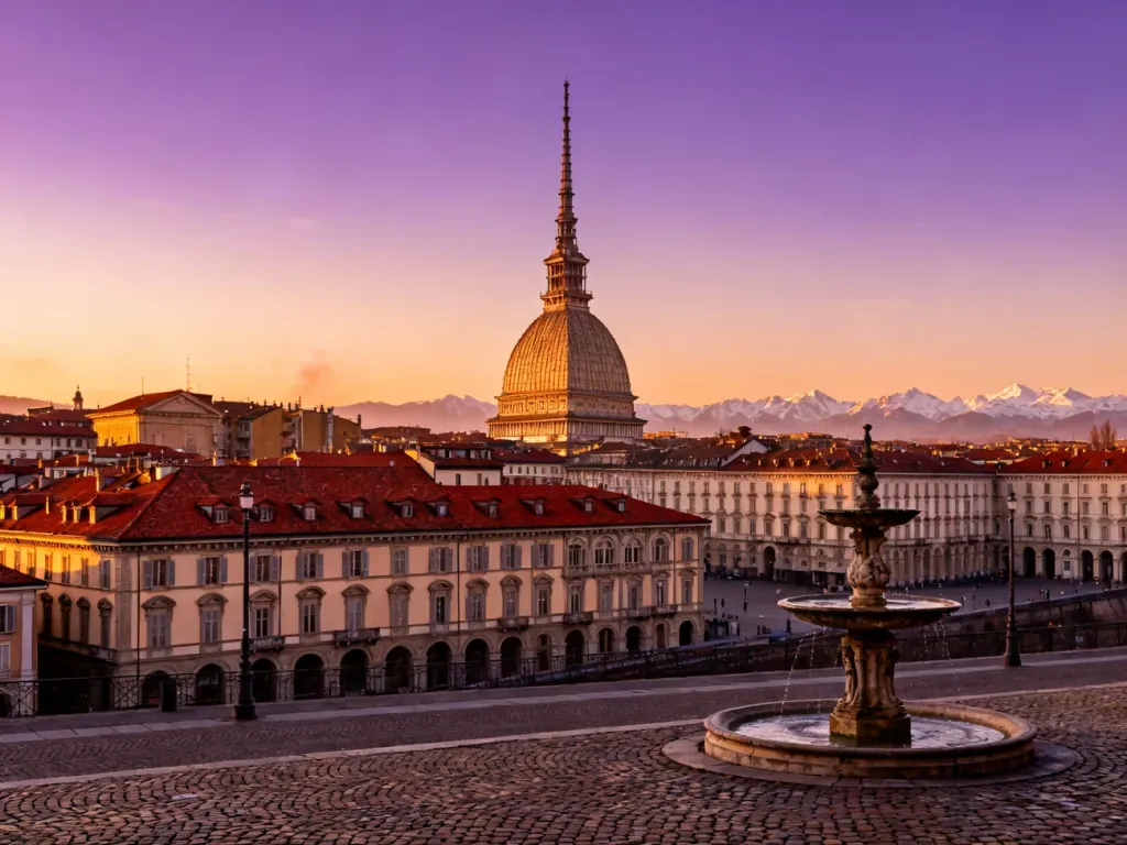 Widok na Mole Antonelliana w Turynie o zachodzie słońca, górującą nad historycznym centrum miasta i Alpami.