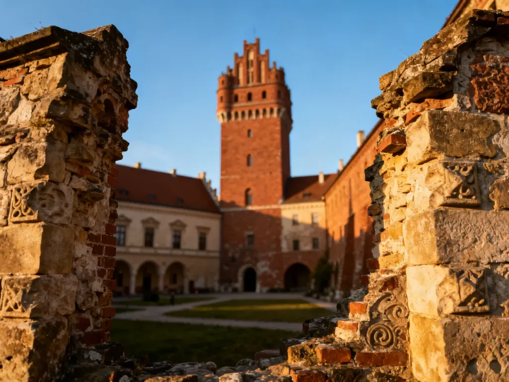 Dziedziniec Zamku Piastowskiego w Legnicy w ciepłym świetle popołudniowego słońca, ukazujący zabytkowe mury i wieżę.