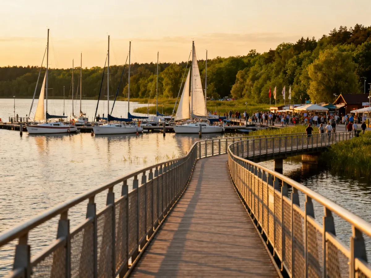 Widok z kładki na Jezioro Mikołajskie, port i żaglówki