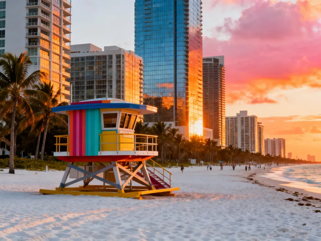 Plaża South Beach w Miami o zachodzie słońca z kolorowymi wieżami ratowników i panoramą nowoczesnych wieżowców.