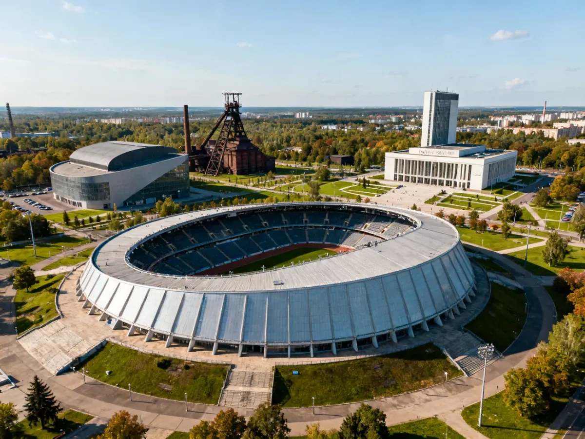 Panorama Strefy Kultury w Katowicach z charakterystycznym Spodkiem i nowoczesnymi budynkami