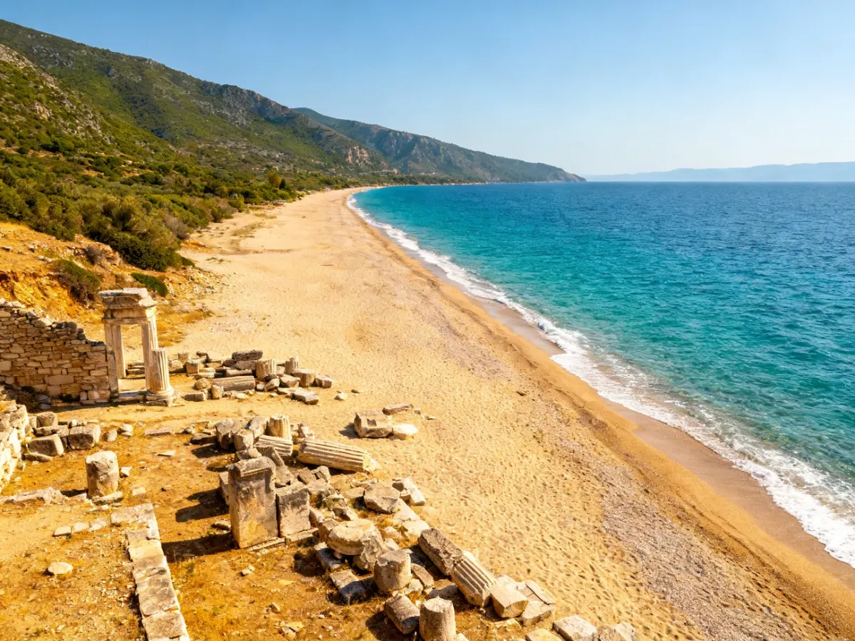 Panoramiczny widok wyspy Kos z plażą, morzem, ruinami i górskimi zboczami