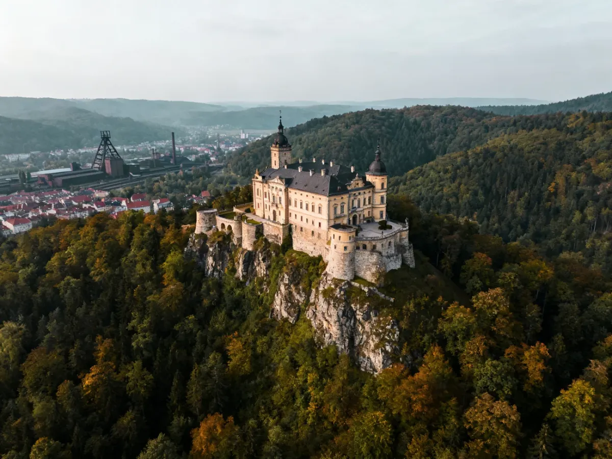 Panoramic view of Wałbrzych with Książ Castle and industrial cityscape