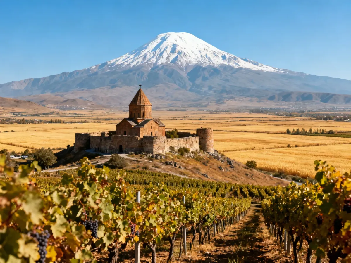 Klasztor Chor Wirap na tle ośnieżonej góry Ararat