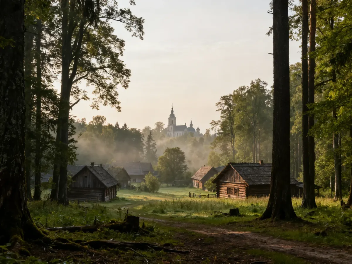 Widok Białowieży łączący pradawny las z drewnianą zabudową