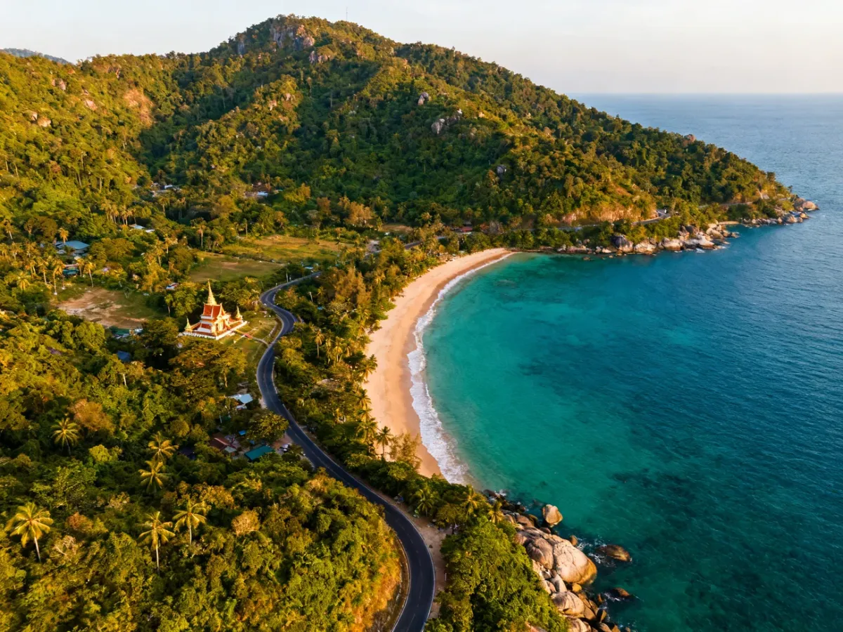 Panoramic view of Koh Samui with tropical hills, beaches and turquoise sea