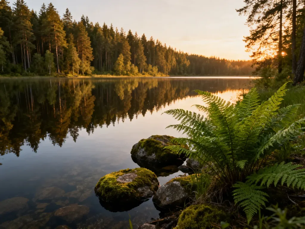 Spokojne jezioro w Borach Tucholskich o zachodzie słońca, otoczone gęstym lasem sosnowym i bujną roślinnością.