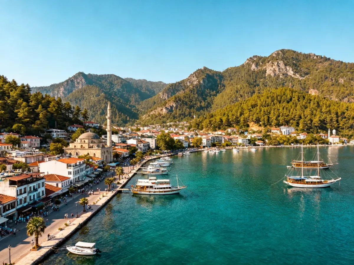 Panorama Marmaris z zatoką, górami, portem i promenadą