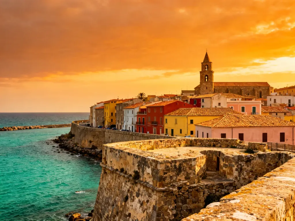 Panoramiczny widok na stare miasto w Alghero o zachodzie słońca, z zabytkowymi murami i kolorowymi kamienicami nad morzem.