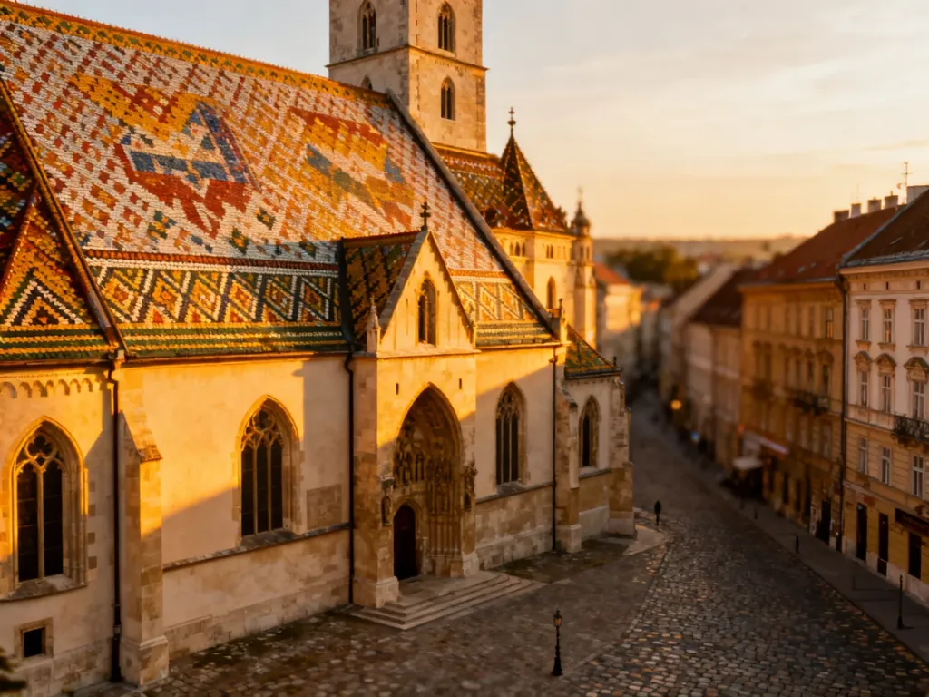 Kościół św. Marka w Zagrzebiu z charakterystycznym kolorowym dachem w ciepłym świetle zachodzącego słońca.