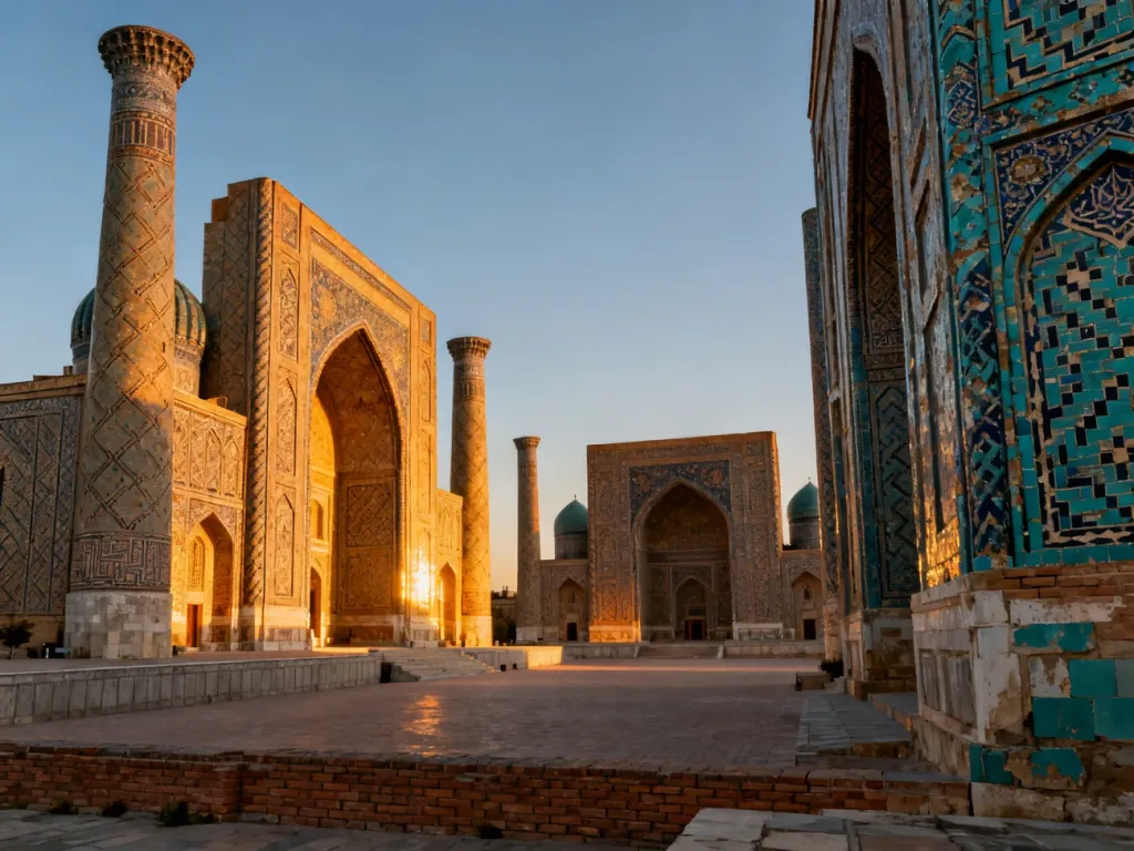 Majestatyczny plac Registan w Samarkandzie o zachodzie słońca z widocznymi detalami mozaik i zabytkowych minaretów.