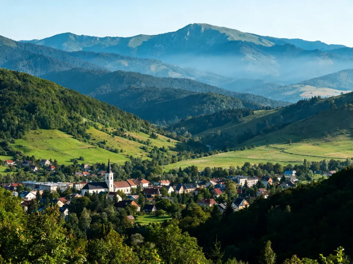 Panorama Ustrzyk Dolnych otoczonych zielonymi wzgórzami Karpat