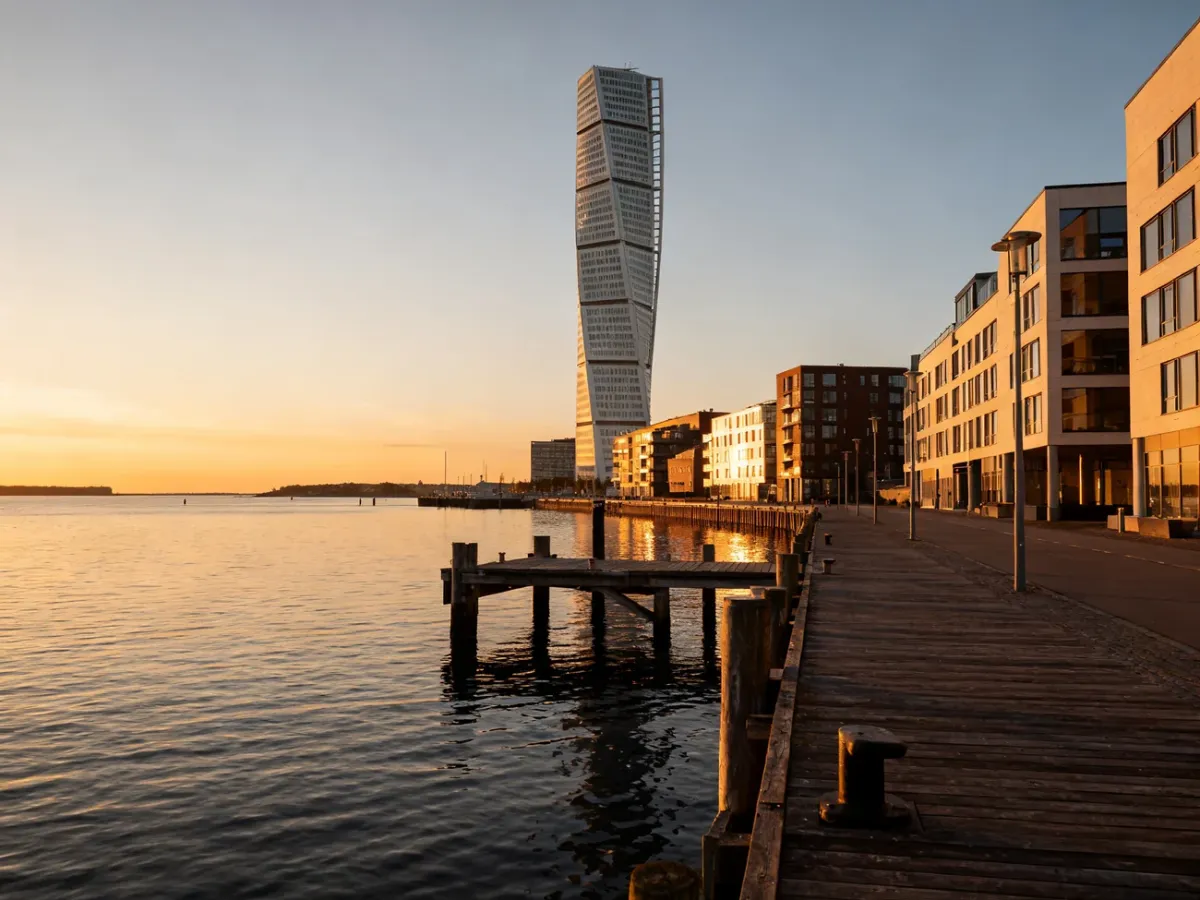 Turning Torso nad promenadą w nowoczesnej dzielnicy Västra Hamnen