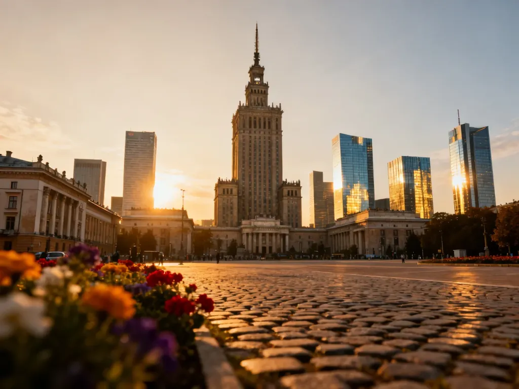 Pałac Kultury i Nauki w Warszawie o zachodzie słońca, górujący nad nowoczesną panoramą miasta.