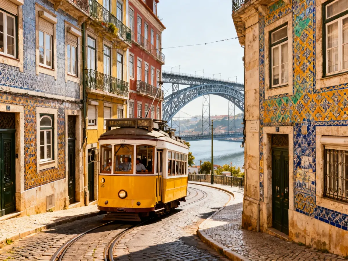 Zabytkowy tramwaj w lizbońskiej Alfamie z portugalską architekturą i mostem nad Douro w tle