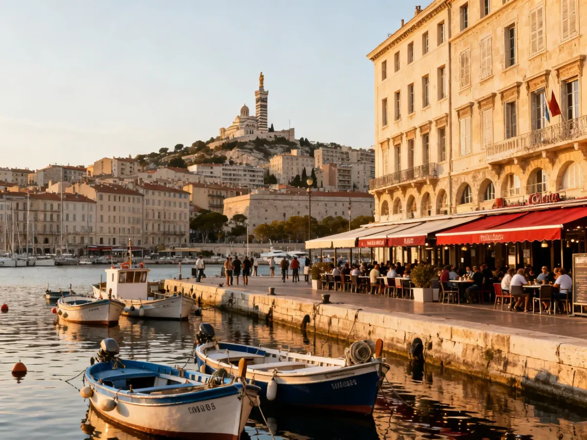 Port Vieux-Port w Marsylii z łodziami, nabrzeżem i wzgórzem bazyliki w tle