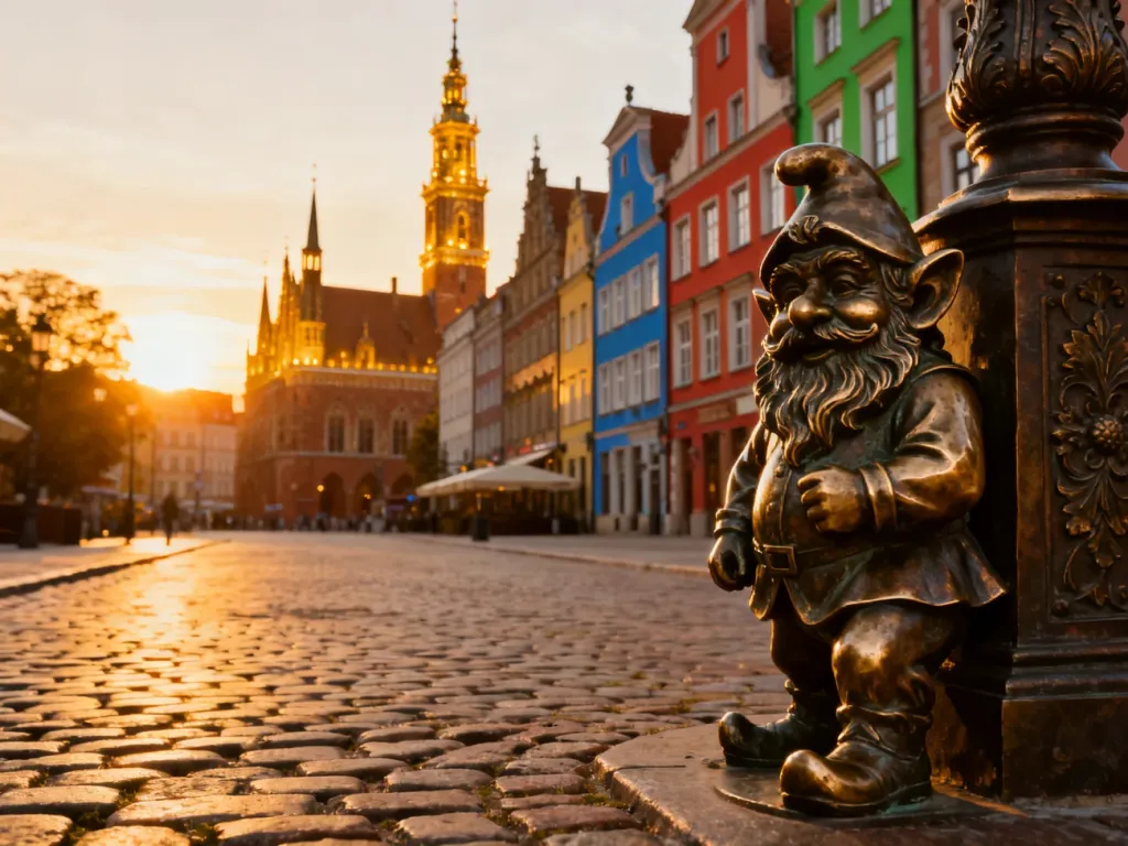Złota godzina na wrocławskim Rynku z zabytkowymi kamienicami, ratuszem i charakterystyczną figurką krasnala.
