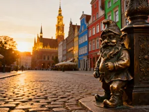 Wieżowce Flame Towers w Baku oświetlone wieczornym światłem, górujące nad promenadą i Morzem Kaspijskim.