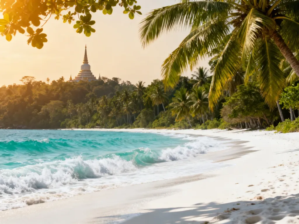 Piaszczysta plaża na Koh Samui z turkusową wodą i widoczną w oddali buddyjską pagodą otoczoną palmami.
