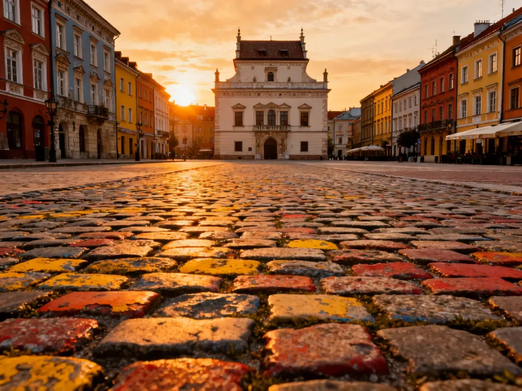 Zabytkowy rynek w Tarnowie z renesansowym ratuszem i kolorowymi kamienicami w blasku zachodzącego słońca.