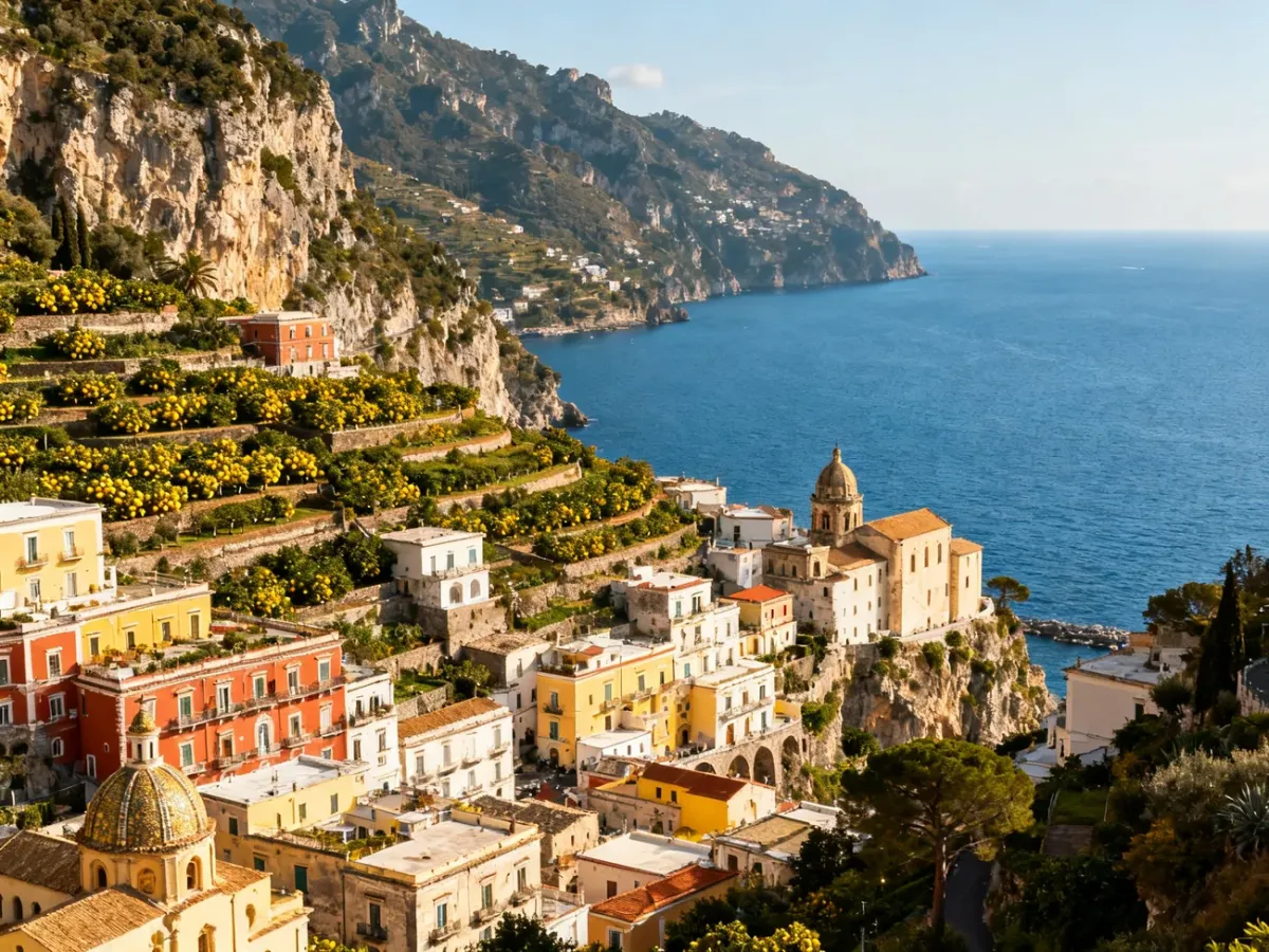 Panoramiczny widok Amalfi i stromego Wybrzeża Amalfitańskiego