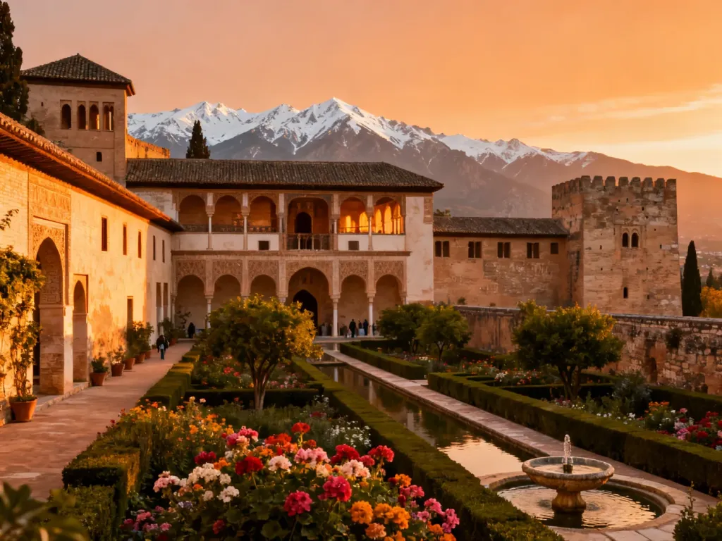 Złota godzina nad kompleksem pałacowym Alhambra w Grenadzie, z widokiem na kwitnące ogrody i góry Sierra Nevada.