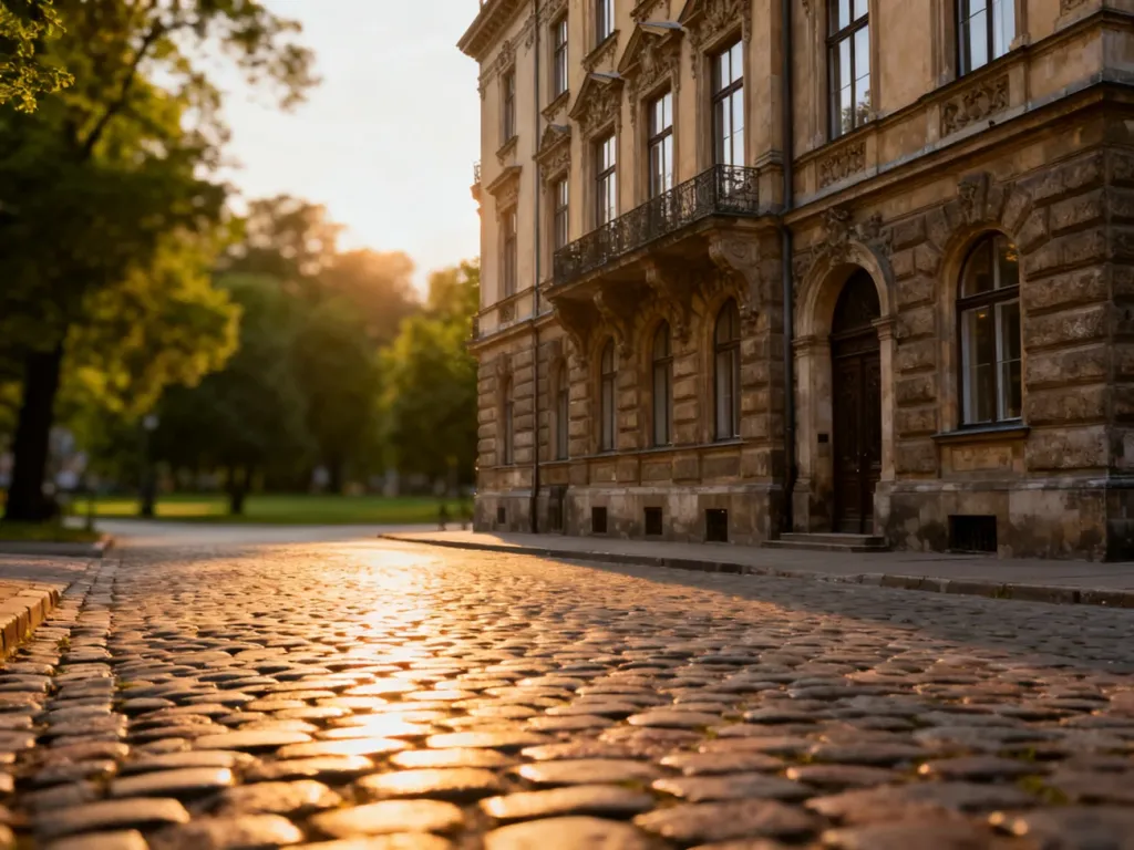Zabytkowa kamienica z XIX wieku z bogato zdobioną fasadą przy brukowanej ulicy w Bytomiu w świetle zachodzącego słońca.