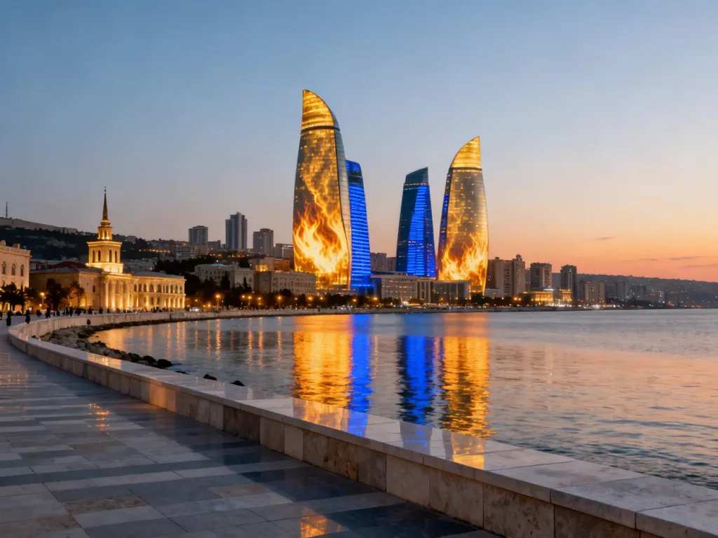 Wieżowce Flame Towers w Baku oświetlone wieczornym światłem, górujące nad promenadą i Morzem Kaspijskim.