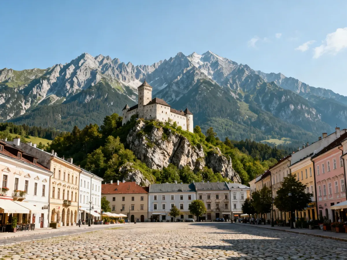 Panoramic view of Slovakia with mountains, a castle and a historic town