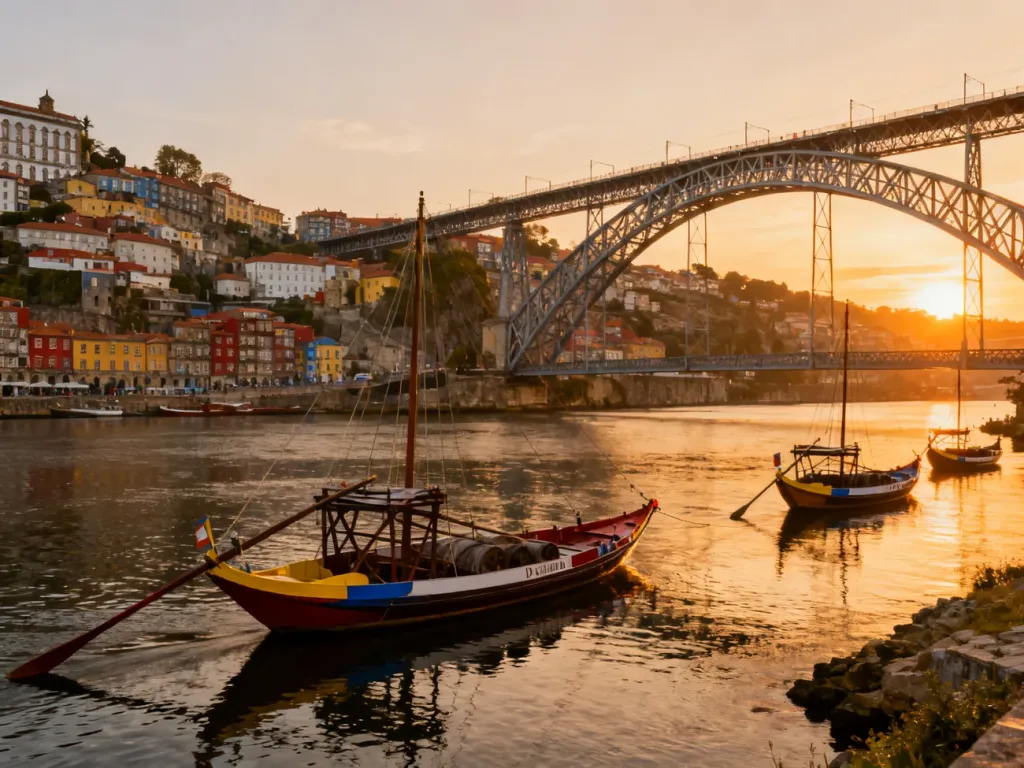 Widok na most Dom Luís I i kolorowe łodzie Rabelo na rzece Douro w Porto podczas zachodu słońca.