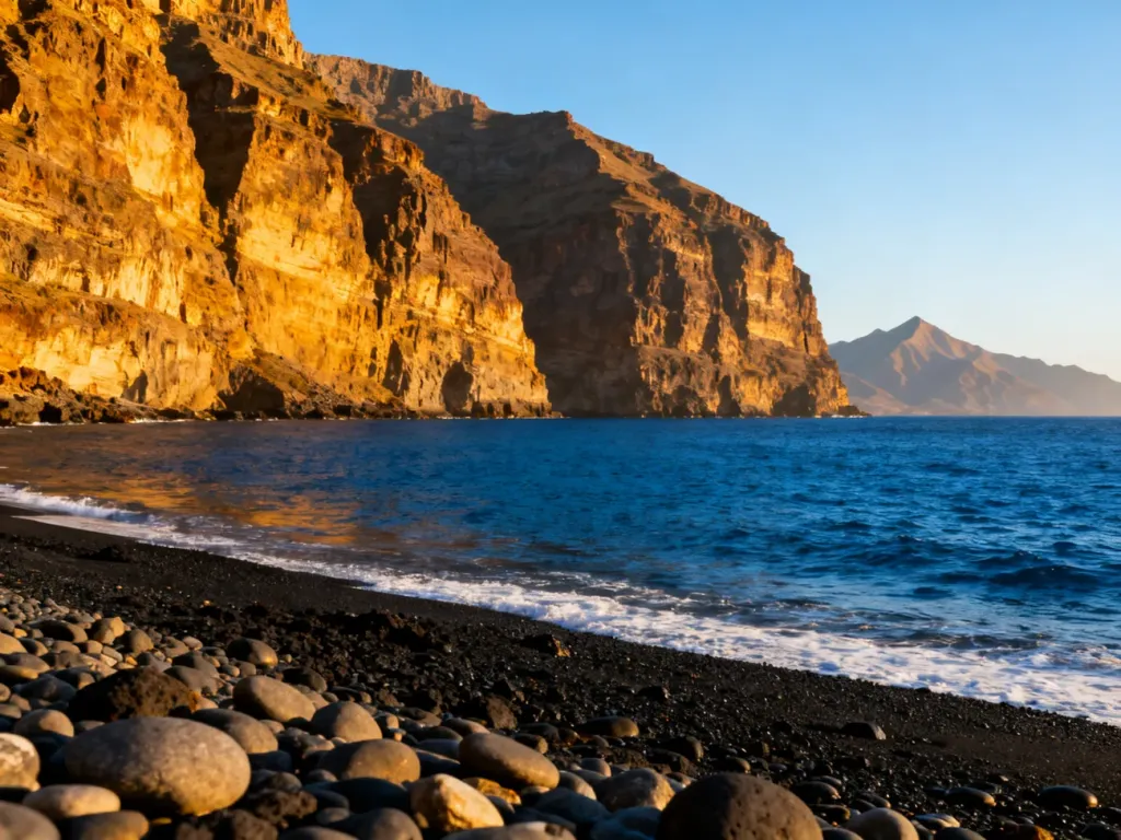 Imponujące klify Los Gigantes wznoszące się nad błękitnym oceanem i czarną, wulkaniczną plażą w świetle zachodzącego słońca.