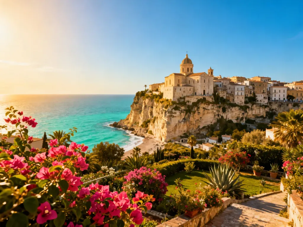 Malownicze miasto Tropea na klifie z widokiem na turkusowe morze i klasztor Santa Maria dell'Isola w promieniach słońca.