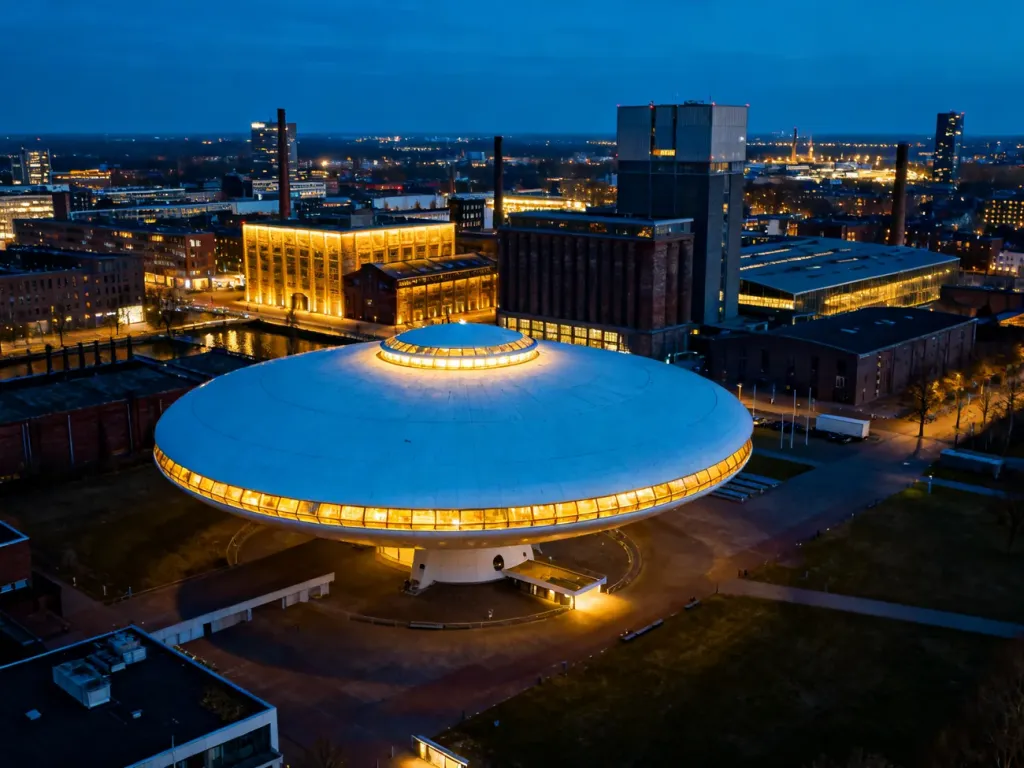 Panoramiczny widok na oświetlone Eindhoven o zmierzchu, z futurystycznym budynkiem Evoluon na pierwszym planie.