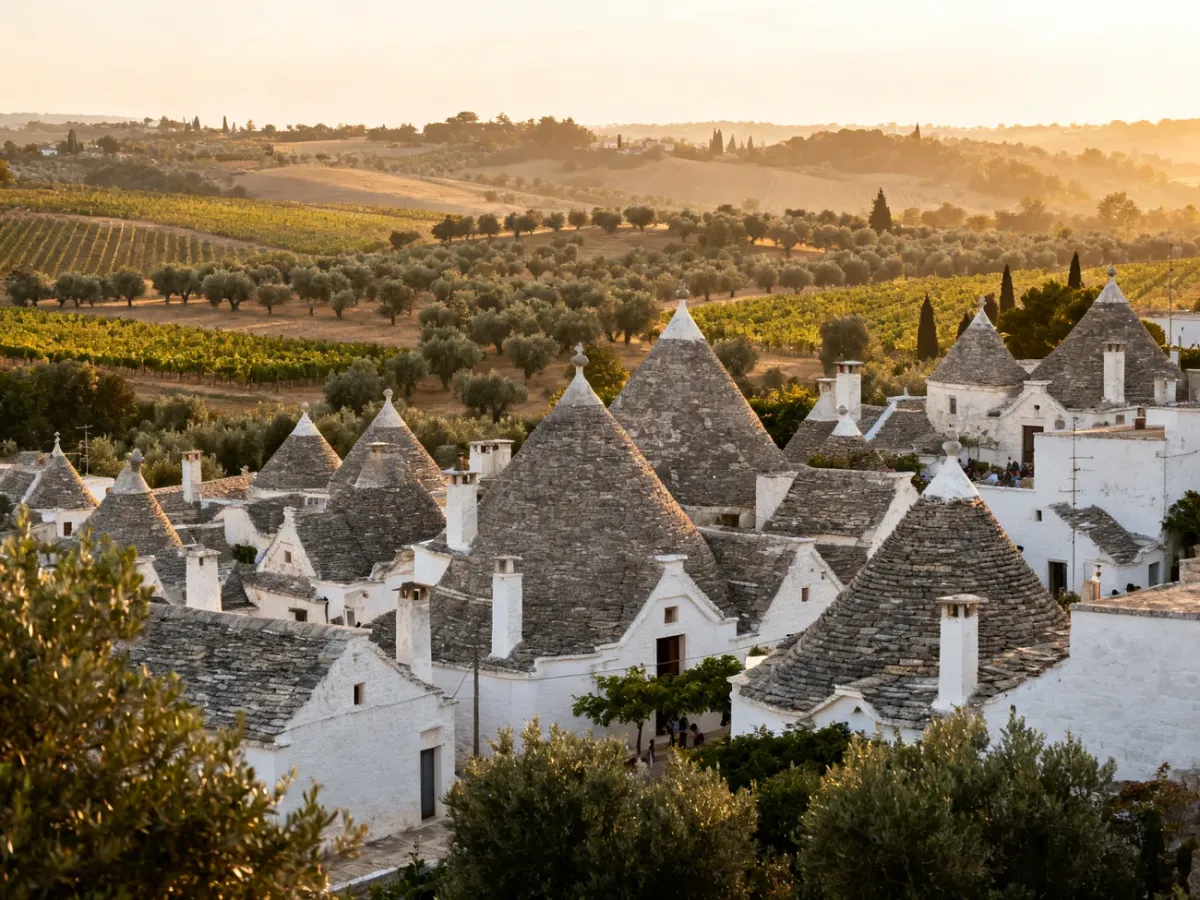 Panorama Alberobello z białymi domkami trulli o stożkowych dachach