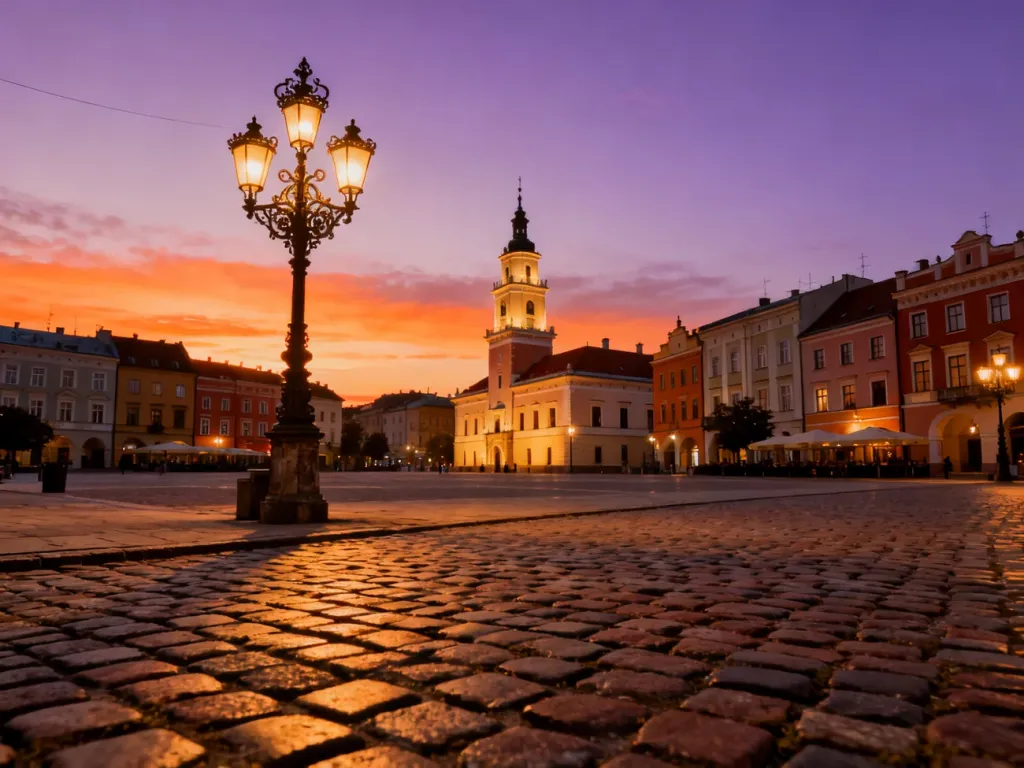Rynek w Rzeszowie o zachodzie słońca z widocznym ratuszem i zabytkowymi kamienicami w ciepłym, złotym świetle.