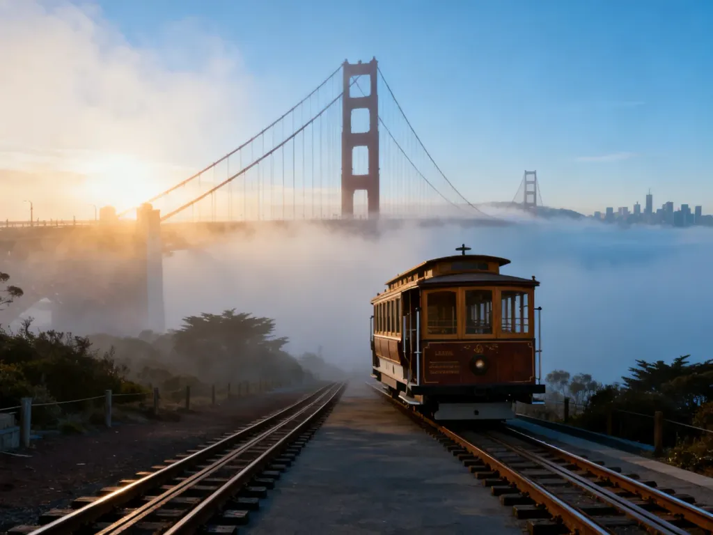 Zabytkowy tramwaj linowy na tle zamglonego mostu Golden Gate w San Francisco w porannym świetle.