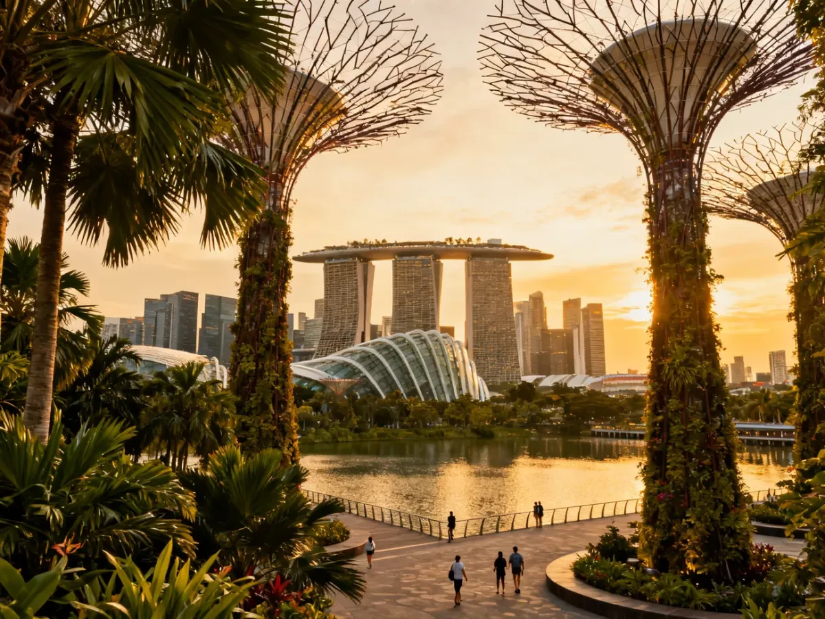 Panorama Singapuru z Marina Bay Sands i tropikalną zielenią