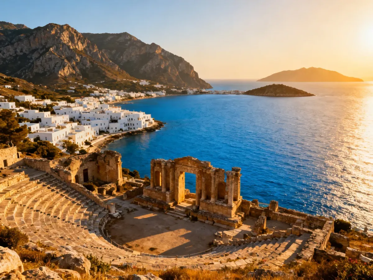 Panoramic view of Greece with ancient ruins, mountains, coastline and island architecture