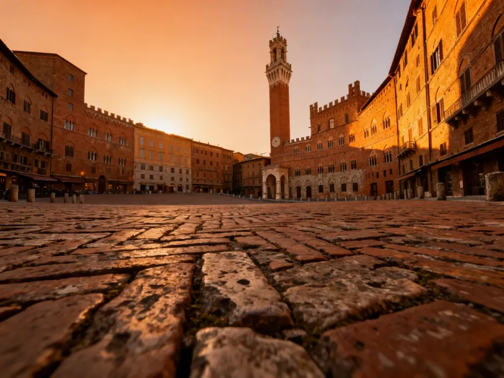 Piazza del Campo w Sienie o zachodzie słońca z widoczną wieżą Torre del Mangia i historyczną zabudową.