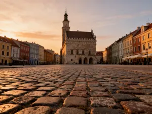 Malownicze miasteczko Amalfi na tle klifów i błękitnego morza w świetle zachodzącego słońca.