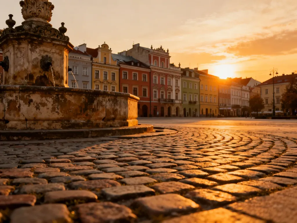 Zabytkowy rynek Starego Miasta w Lublinie o zachodzie słońca z kolorowymi kamienicami i ozdobną fontanną.