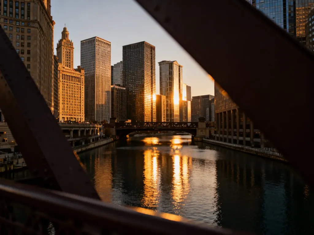 Panoramiczny widok na panoramę Chicago i rzekę podczas zachodu słońca, ukazujący architekturę miasta w złotym świetle.