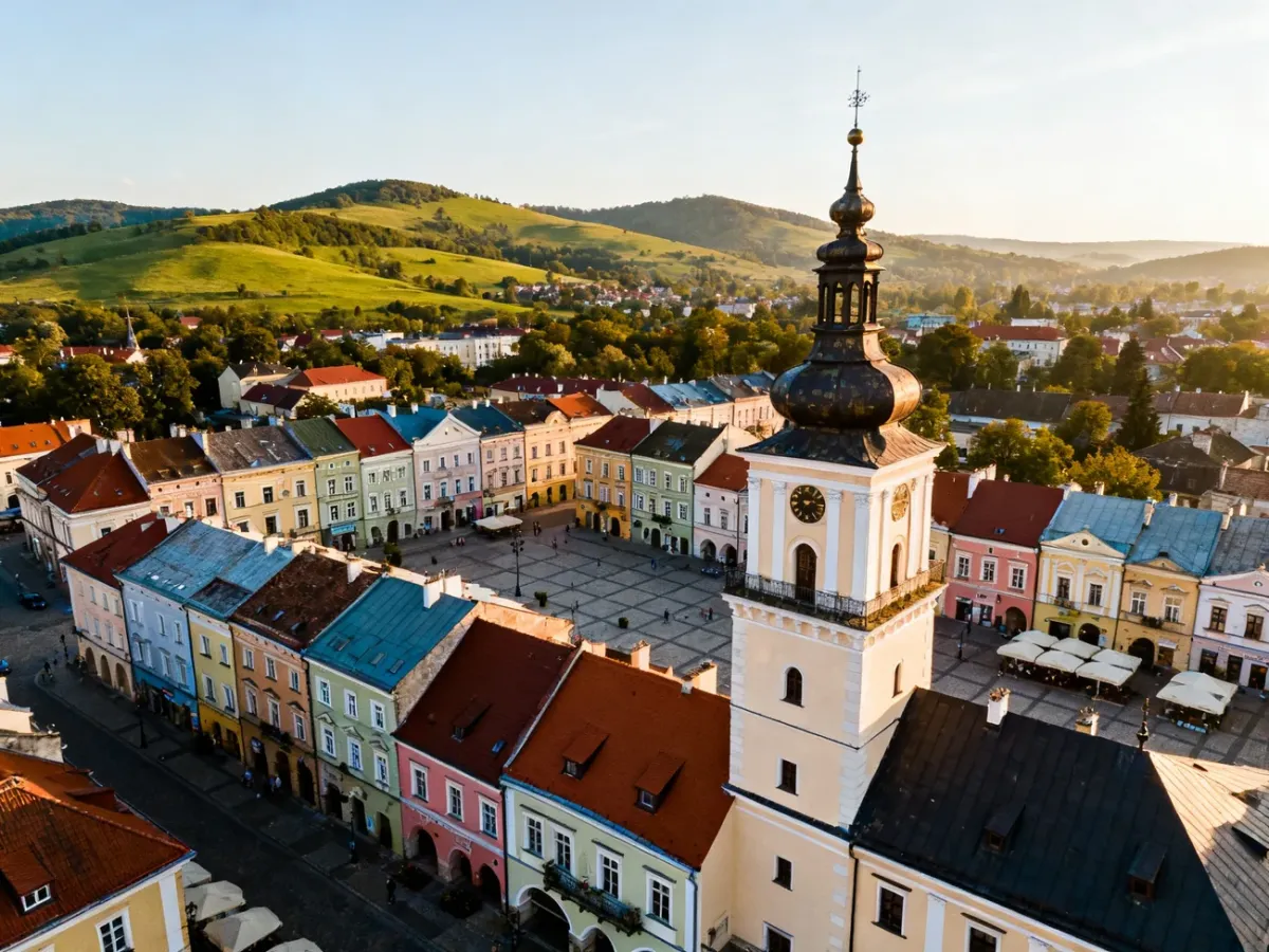 Nowy Sącz Market Square with historic townhouses and the city hall