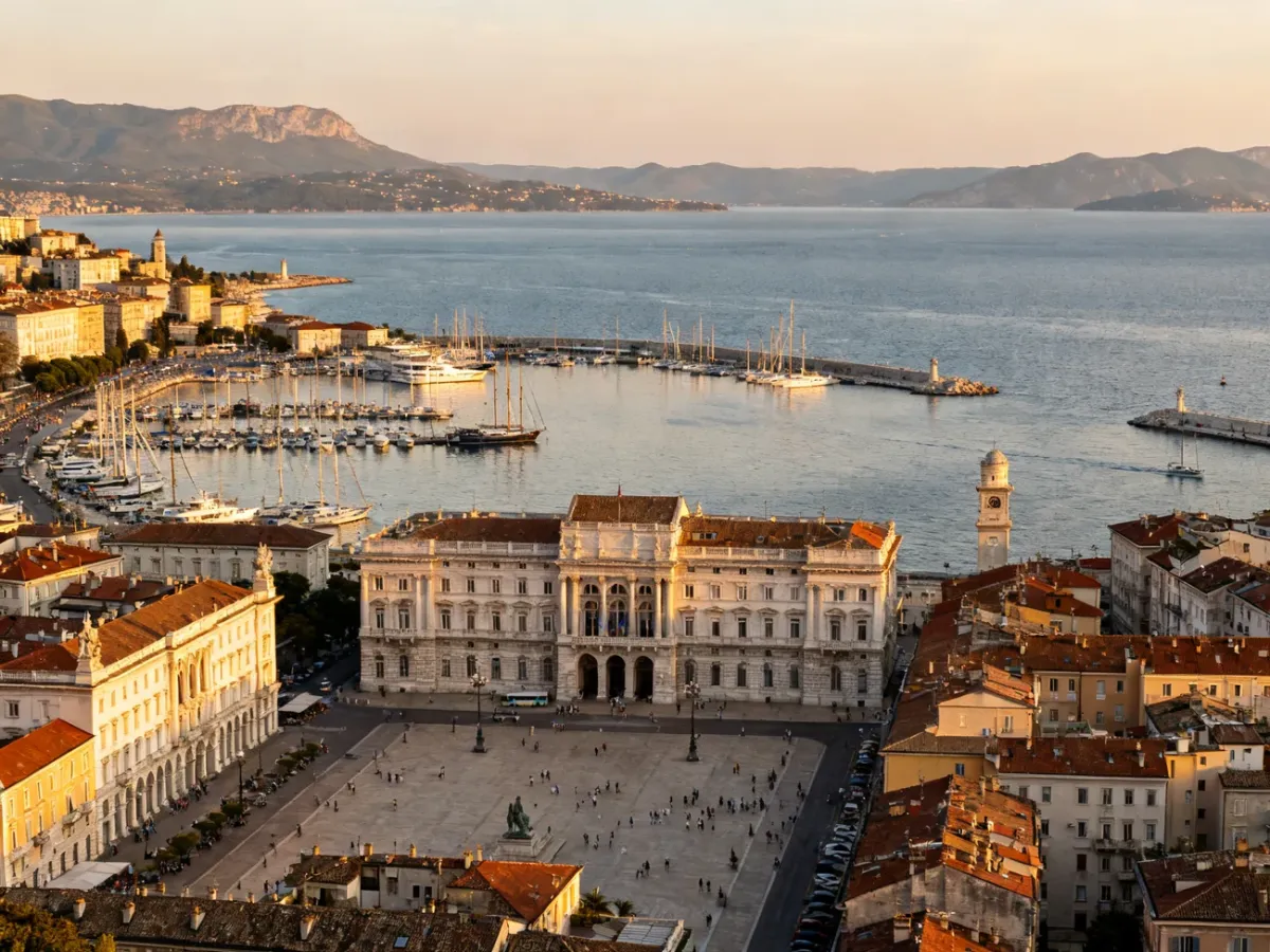 Panorama Triestu z placem Piazza Unità d’Italia, portem i Adriatykiem