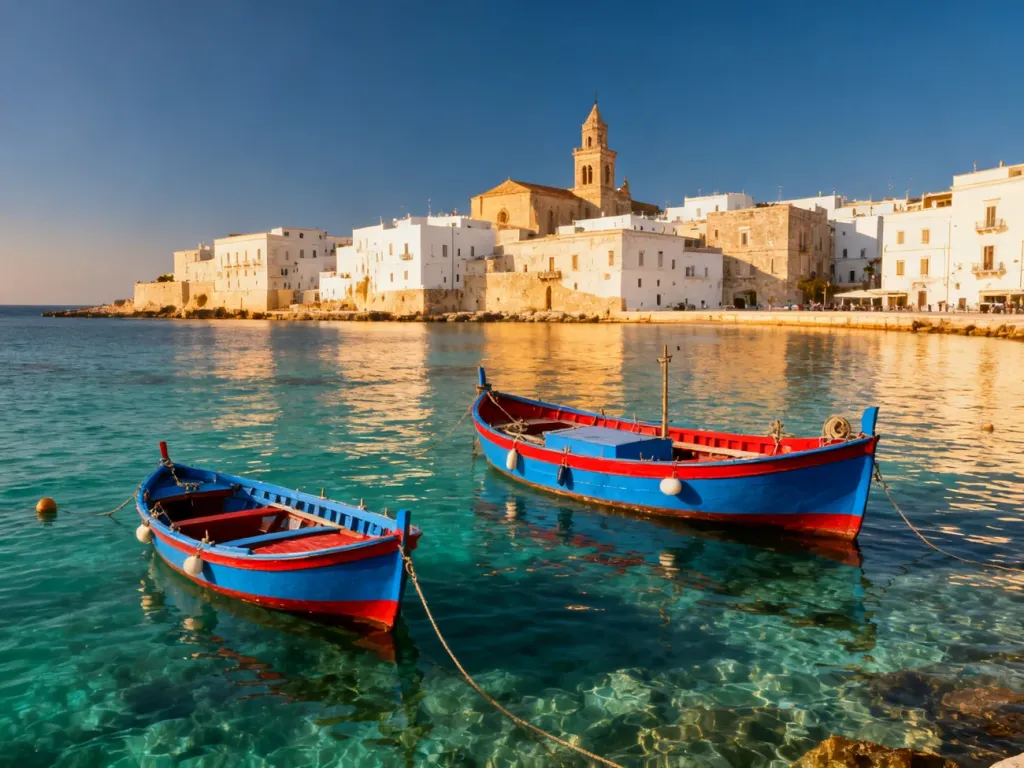 Panoramiczny widok na port w Monopoli z kolorowymi łodziami rybackimi na tle zabytkowej zabudowy starego miasta.